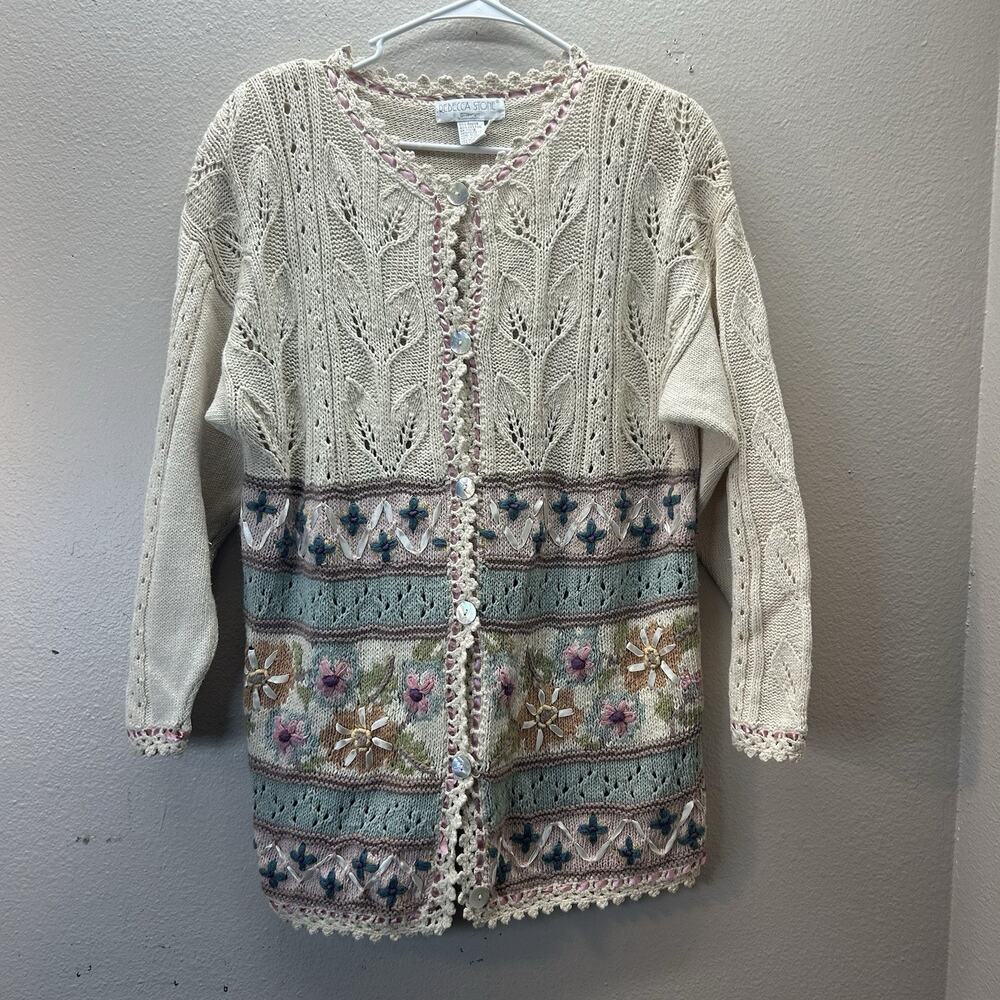 Vintage Rebecca Stone Sweater SZ L Floral Garden Party Cottagecore‎ Embroidered